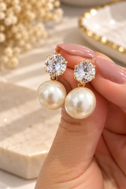 Brinco Ponto de Luz com Pérola – B. Ouro 18K