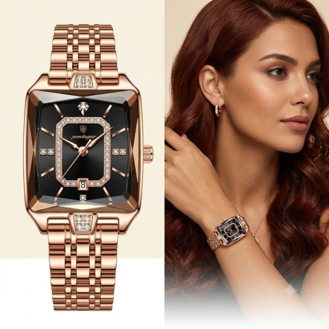 Relógio Feminino Poedagar Quadrado Luxo Aço Inox Banhada Ouro Rosa Fundo Preto Bracelete