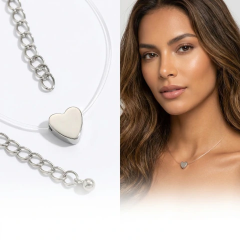 Colar Feminino Coração Prata 8mm Fio Invisível Flutuante Elegante Diário