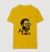 Camiseta masculina amarela com estampa de rosto de homem usando óculos com peças de quebra-cabeça coloridas e texto "Pai de Autista"