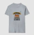 Camiseta cinza mescla com estampa colorida escrita "Cuidado eu tenho um pai doido e não tenho medo de usá-lo"