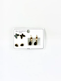 Kit de 3 Pares de Brincos Borboleta e Gotas em Aço Inoxidável