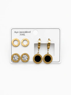 Kit de 3 Pares de Brincos Círculos com Strass em Aço Inoxidável