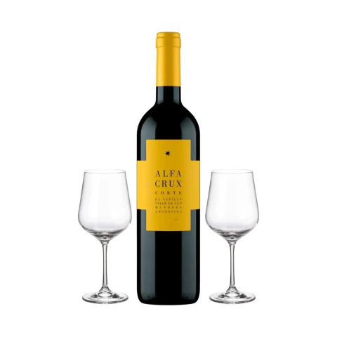 Set Vinos Tintos Alfa Crux Corte Uco y 2 Copas y Estuche Libro