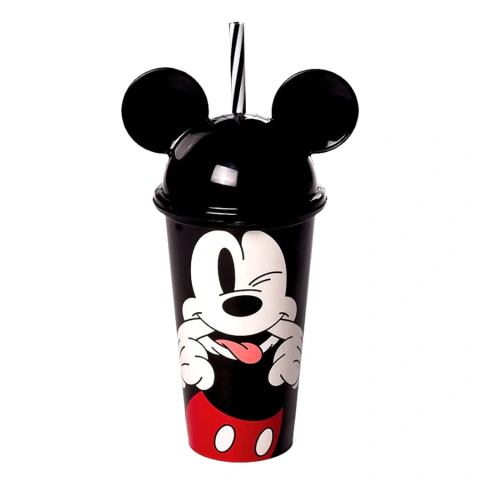 Copo Infantil Plástico Mickey Mouse Preto 500ml com Canudo e Tampa