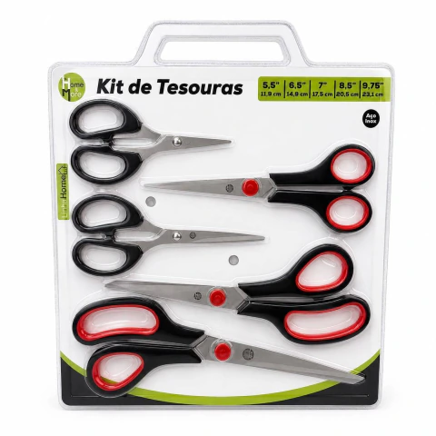 Kit Tesoura Inox Ponta Fina Jogo com 5 Tesouras Multiuso