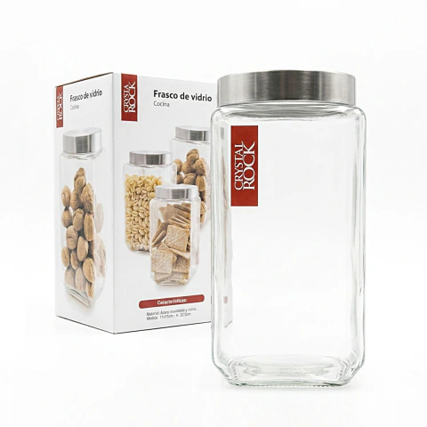 Frasco de Vidrio Cuadrado 2L con Tapa de Acero Inoxidable