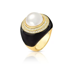 Anel Medio Esmaltado Perola Shell Zirconia Banho Dourado