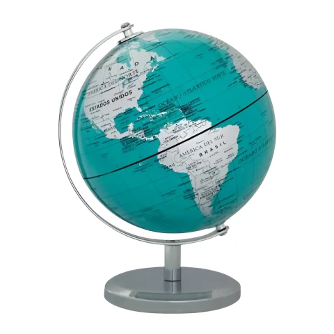 Globo Terráqueo Gloter 14cm Con Base Y Meridiano Metálico 143 M Celeste Y Plateado