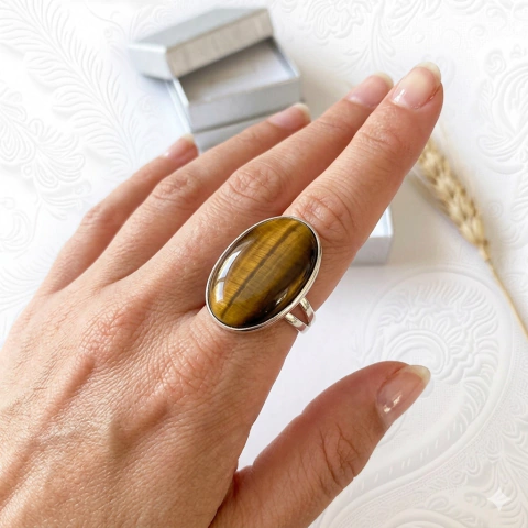 Anillo Ojo de Tigre Regulable Baño de Plata