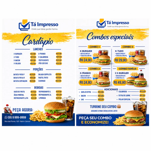 Cardápio A4 Dupla Face com Arte Inclusa | Papel Fotográfico Fosco 220g | Plastificação Reforçada 0,07 mm
