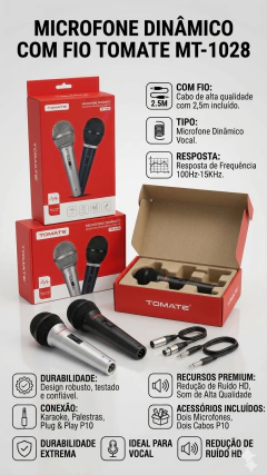 Kit Duplo Microfone Dinâmico Profissional Tomate MT-1028 - Redução de Ruído HD e Cabos de 2,5m