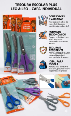 Tesoura Escolar Plus Leo & Leo – Com Capa Protetora (Venda Individual)