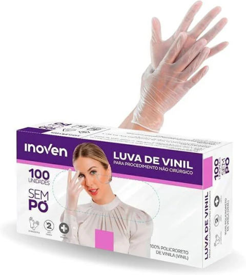 LUVA VINIL DESCARTÁVEL SEM PÓ - INOVEN - P, M E G - CAIXA COM 100 UNIDADES