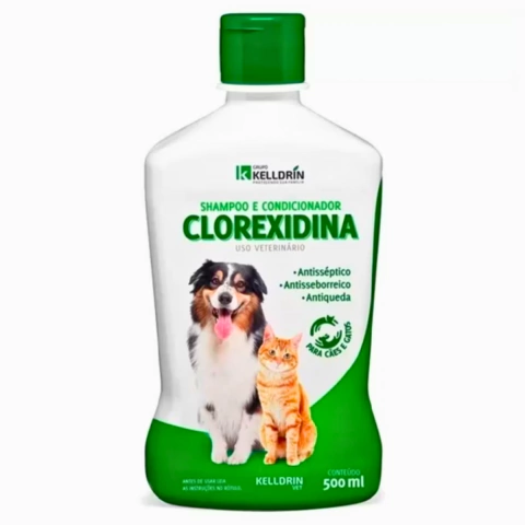 Kelldrin Shampoo e Condicionador 5x1 Clorexidina para Cães e Gatos, Antisséptico, Antisseborreico, Antiqueda, 500ml