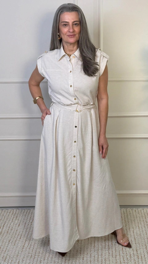 Vestido Jasmin Cru com Botões e Cinto Viscolinho