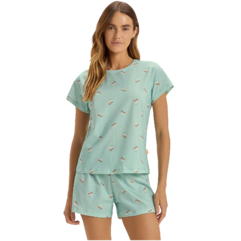Pijama Feminino True Love Verde Manga Curta com Shorts Cor com Amor
