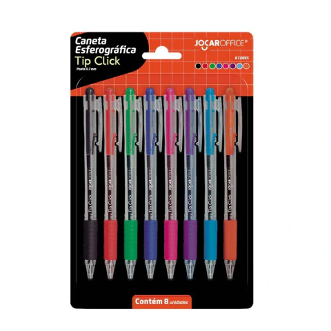 CANETA ESF. TIP CLICK 0,7 COLORIDA BLISTER C/8 UNI JOCAR OFFICE