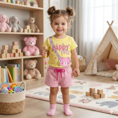 Conjunto Infantil Camiseta Happy Cute e Short Pink | Menina - comprar online