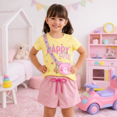 Conjunto Infantil Camiseta Happy Cute e Short Pink | Menina - comprar online