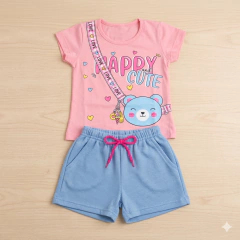 Conjunto Infantil Camiseta Happy Cute e Short Blue | Menina - loja online