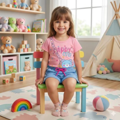 Conjunto Infantil Camiseta Happy Cute e Short Blue | Menina - Tatai Baby | Moda Bebê e Enxoval