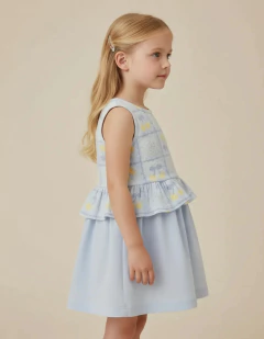 Vestido Brandili Infantil Cerejinha Babado Azul Verão | Menina - Tatai Baby | Moda Bebê e Enxoval
