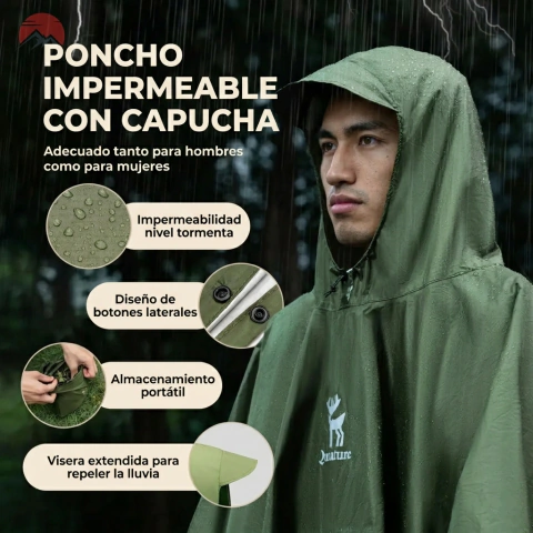 Poncho Impermeable 3 En 1 Capa De Lluvia Camping Trekking Premium