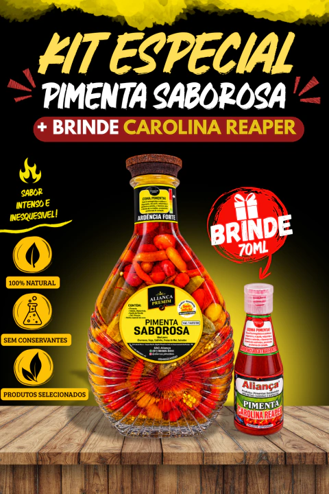 KIT ESPECIAL - PIMENTA SABOROSA 700ML CONSERVA GOURMET + BRINDE CAROLINA REAPER 160 ML MOLHO TRADICIONAL