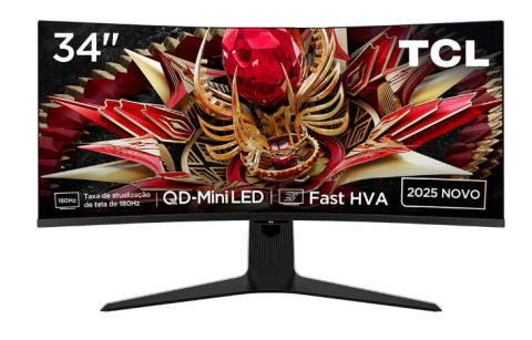 Monitor Gamer Curvo TCL 34 Polegadas QLED Mini LED WQHD 180Hz 1ms HDR 1400 34R83Q