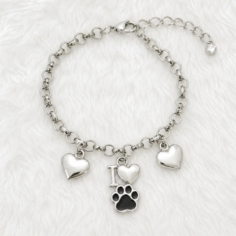 Pulseira Semijoia Eu Amo PET Corações e Patinhas Cachorro Banhado a Ouro ou Prata