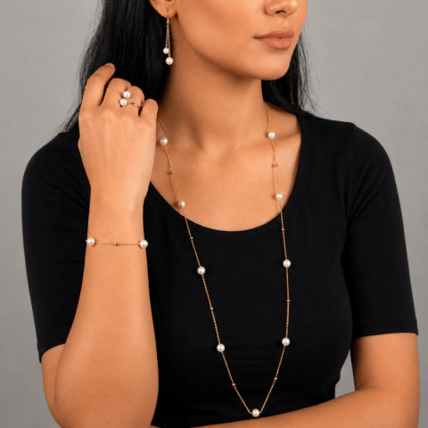Conjunto Semijoia Colar + Brincos + Pulseira Suprema Pérolas Shell Glass Banhado a Ouro ou Prata