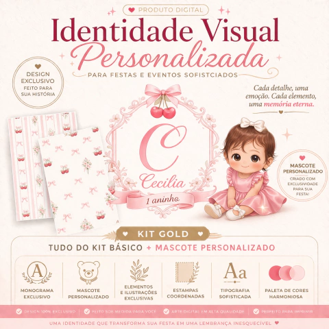 Identidade Visual para Festas Personalizada | Monograma, Estampas, Design Premium + Mascote Personalizado - KIT GOLD
