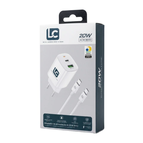 Carregador Rápido LC ACW-B80D 20W (PD) 20W + Cabo USB-C Para USB-C - comprar online