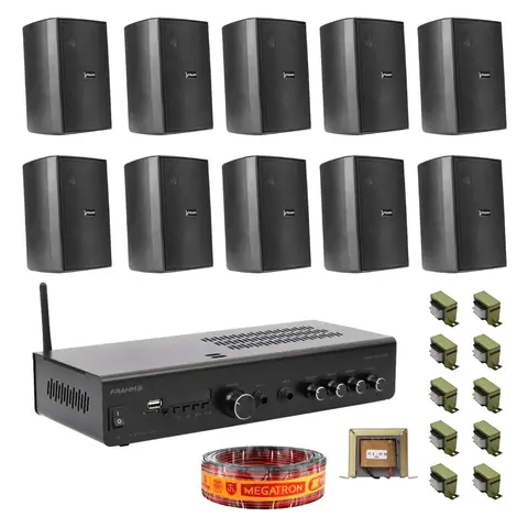 Kit Som Ambiente Frahm com 10 caixas de som pretas, amplificador, transformadores e cabo de áudio