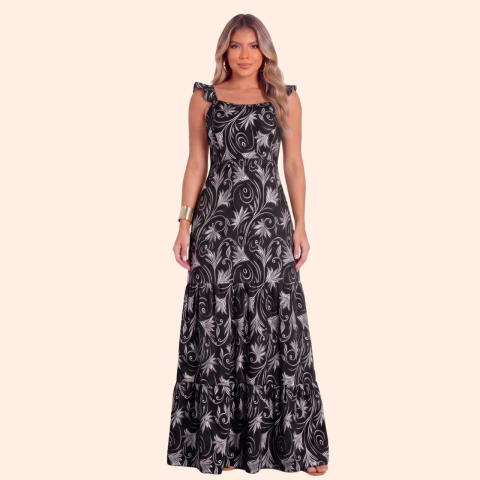 Vestido Longo Portofino Slim em Crepe Estampado