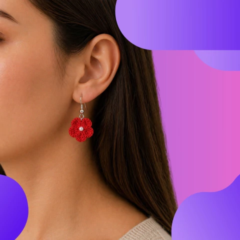 Brinco de Crochê Floral Vermelho com Pérola Saturna