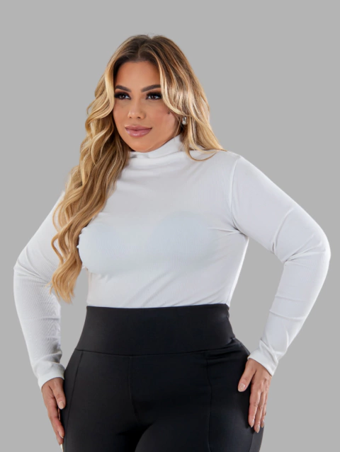 Blusa Feminina Plus Size Manga Longa Gola Alta Canelada - comprar online