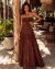 Vestido Longo Marrom com Aplicações e Babados
