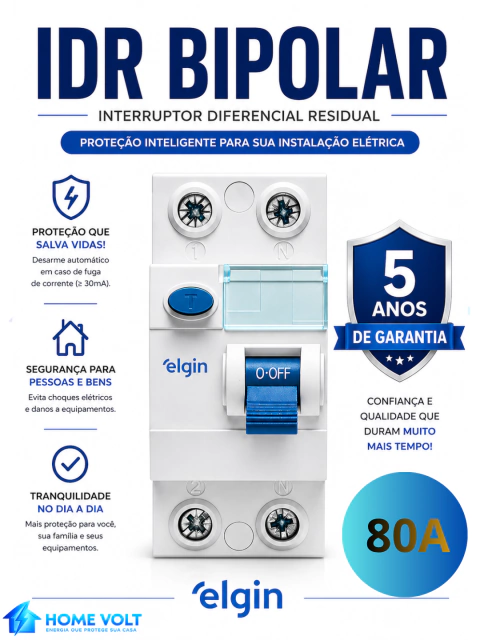 DR (IDR) Bipolar 80A Elgin Certificado INMETRO Segurança Residencial Bivolt Proteção Total - comprar online
