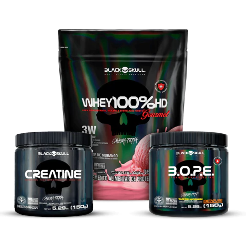 Combo: Whey Gourmet Morango Black 900g + Bope 150g + Creatina 150g Black - comprar online
