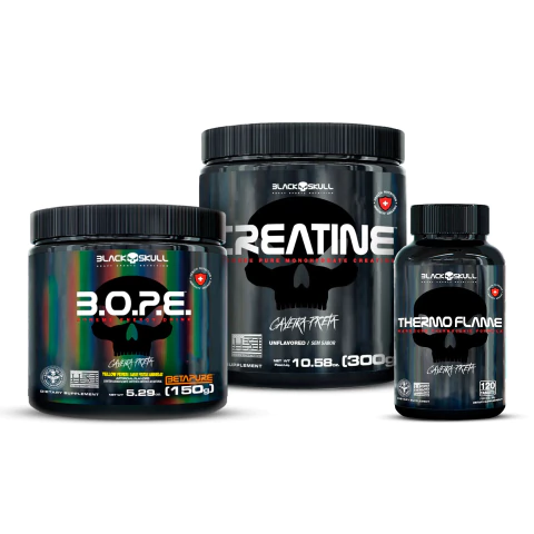 kit definição: creatina de 300g black + pré treino bope 150g + thermo flame 120 - comprar online