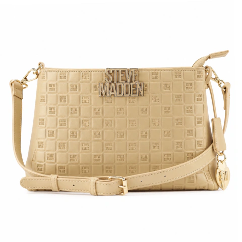 Bolsa crossbody beige de Steve Madden con diseño en relieve y charm en forma de corazón dorado
