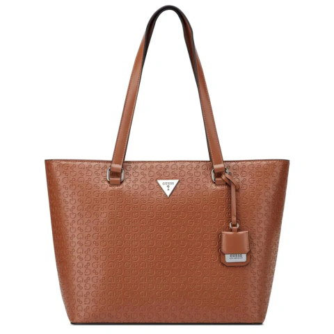 Bolsa Guess Jillian Shoulder en color marrón con monograma en relieve y charm metálico colgante