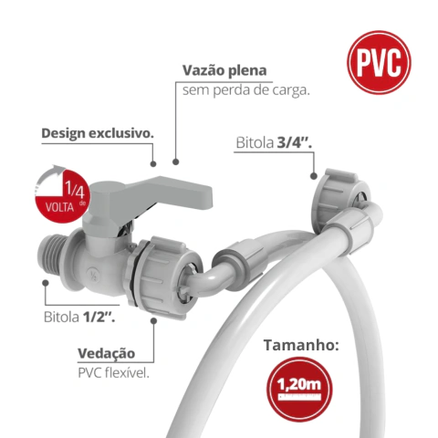 Imagem do Entrada para Máquina de Lavar Trançada com Registro de Esfera 1/2 e 3/4'' Tam 1,2 | 1,4 | 1,8 Metros Cor Branco Ou Branco e Cromado Durín