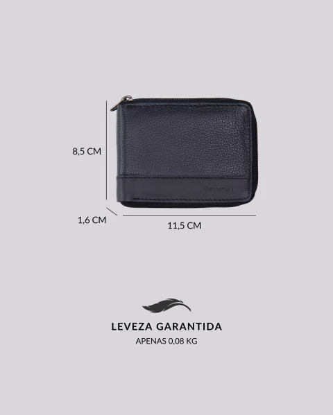 Carteira Masculina Couro RFID Clássica Zíper| Rome Preto - loja online