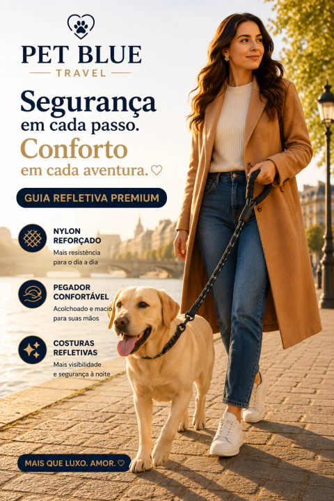 Pet Blue Travel | Guia Premium Refletiva para Cães | Nylon Reforçado e Pegador Confortável