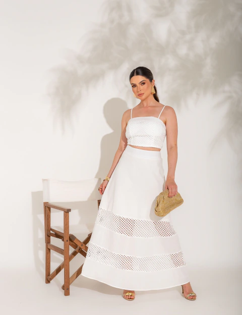 CONJUNTO SAIA E CROPPED COM TELA AURELLIE OFF WHITE