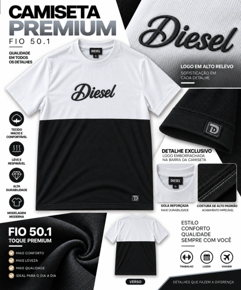 Camiseta Premium Fio 50.1 (Diesel-Preto-branco) (Tam G)