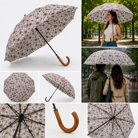 Sombrilla Grande Floral con Mango de Madera y 16 Varillas Reforzadas